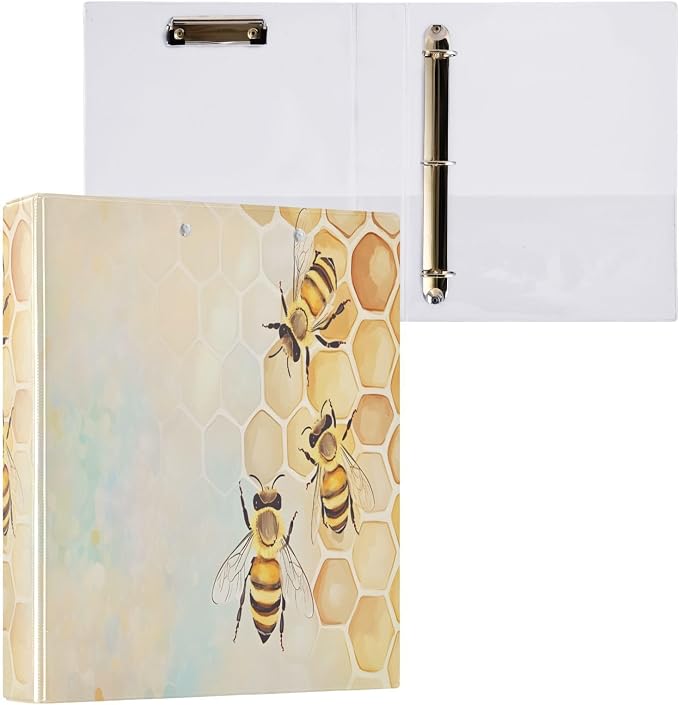 3 Ring Binder Bees Honeycomb Hive 1.5 inch Binders Three Ring Binders with Clipboard Fit 8.5'' x 11'' Paper 3 Interior PVC Clear Pockets for Office Supplies
