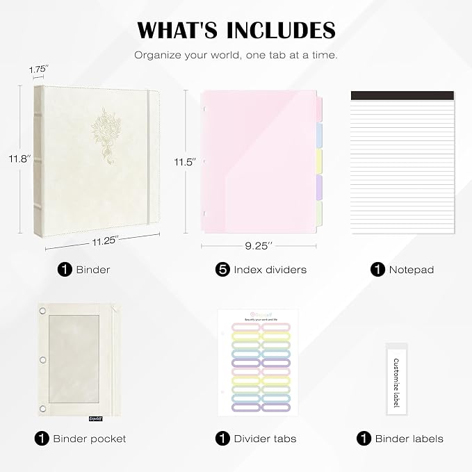 Ospelelf Leather 3 Ring Binder for Letter Size Documents with PVC Pocketed Dividers, Pencil Pouch & Notepad, 1 Inch Round Rings, Holds 175 Sheets, for Office School Home Organization, Flower White