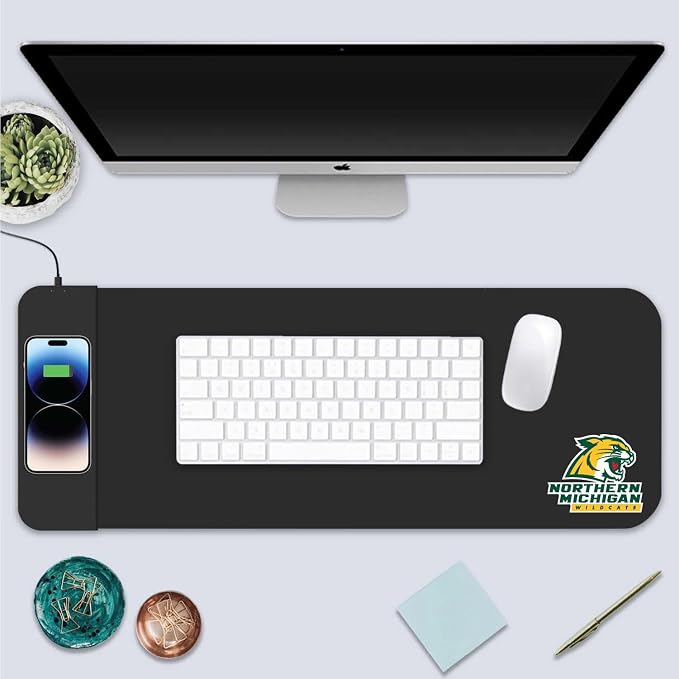 Northern Michigan University Classic Wireless Charging Cloth Desk Mat, Durable Office Supplies, Non-Slip Base, Quick Charging Wireless Desk Pad, Black