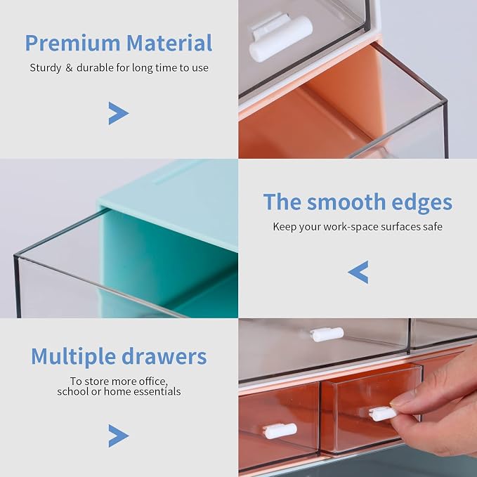 Stackable Storage Drawers, Office Desk Organizer with 7 Flat Drawers | Blue, Plastic Mini Desktop Storage Box, Tabletop Small Craft Drawer for Office Supplies, Makeup Desk Organizer and Accessory