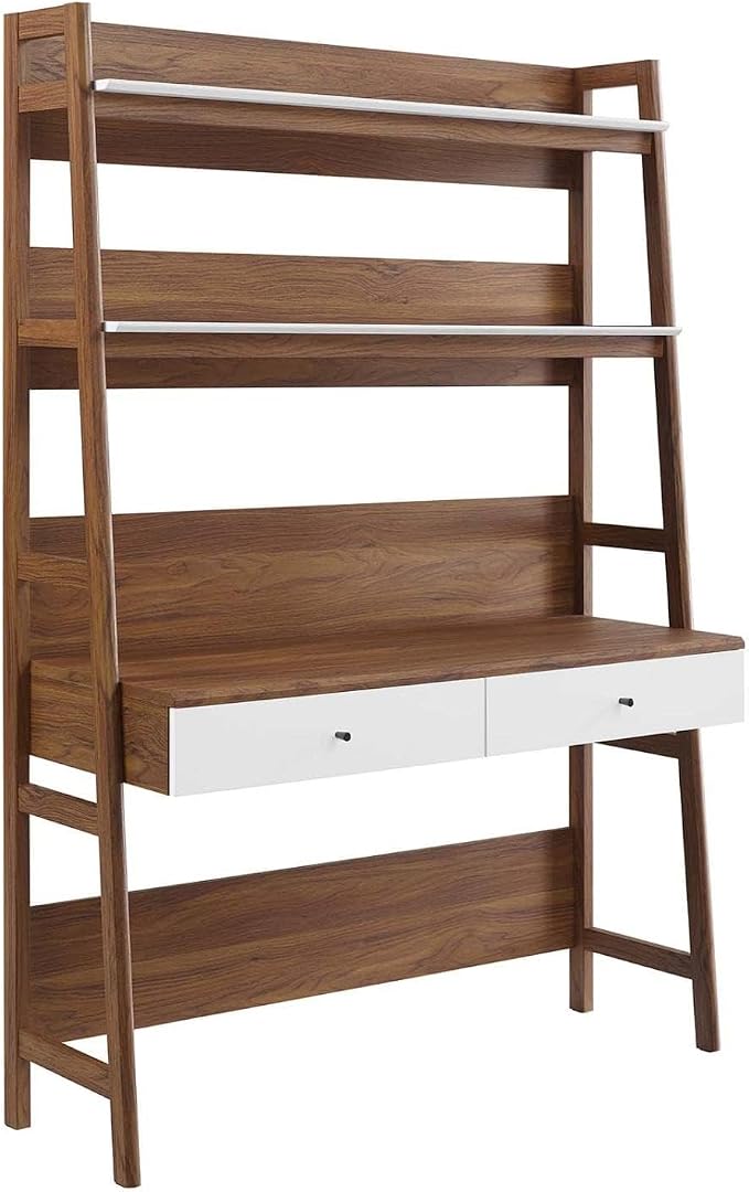 Modway Bixby Home Office Desk with Bookshelf in Walnut White