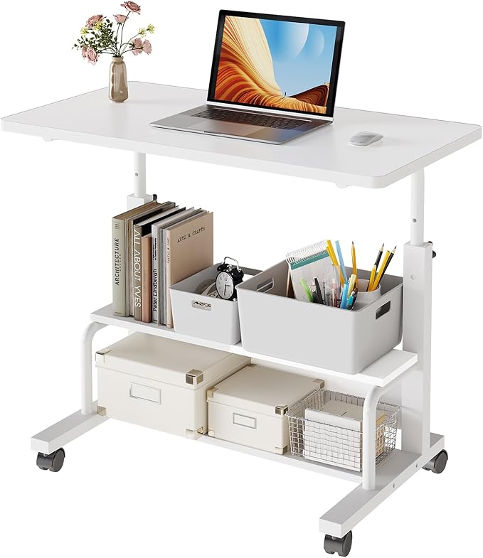 DUMOS Rolling Desk, Storage Shelves, Laptop Table, Home Office | Height Adjustable Design, Computer Desks on Wheels, Portable for Small Spaces Use, White