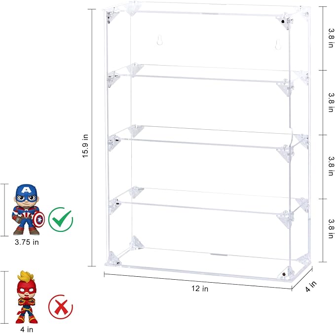 Acrylic Display Case, 4 Tier Clear Display Case for Mini Funko Pop Figures, Wall Mounted or Desktop Dustproof Display Cabinet Box for Collectibles Mini Toys Figurines Lego Model Dolls (12x4x15.9 inch)