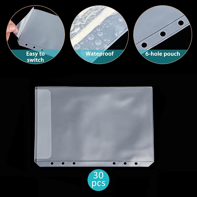 30pcs A5 Binder Pocket no Zipper Clear Budget Planner Inserts Bulk Budget Binder Organizer Cash Envelopes for Budgeting Waterproof PVC Loose Leaf Bags Card Sleeves for 6 Ring Notebook
