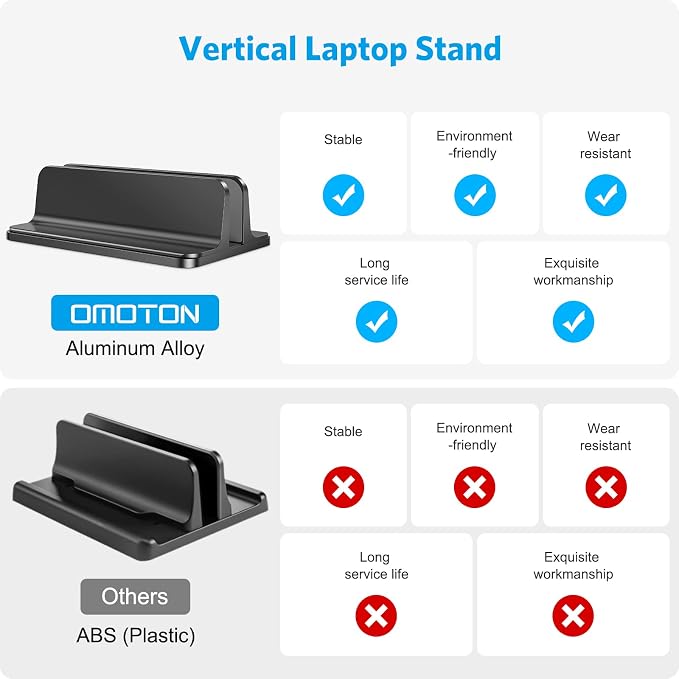 OMOTON Vertical Laptop Stand Holder, Adjustable Dock for MacBook, Black | Aluminum Stand for MacBook Stand, Fits Chromebook & Gaming Laptops up to 17.3 in, Office Desk Organization, Space-Saving