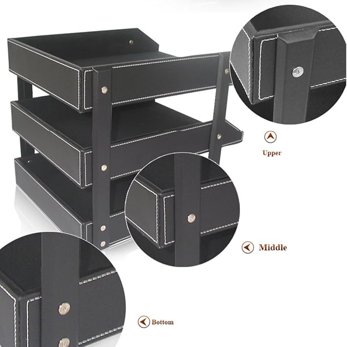 Letter Tray, Leather Paper Organizer Tray, Wooden Desk File Holder, Desktop File, Stackable Magazine Holder, Mail Sorter, Great for Home or Office - 3 Level Black