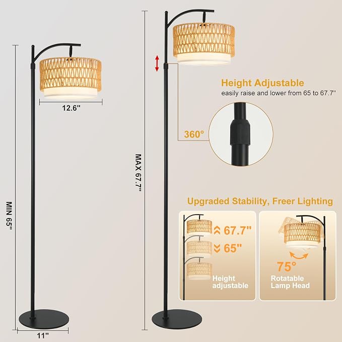 Rustic Black Farmhouse Floor Lamp with Woven Rattan Shade - 12W LED, Remote & Dimmable 3-Color Temp, Tall Standing Lamp for Living Room