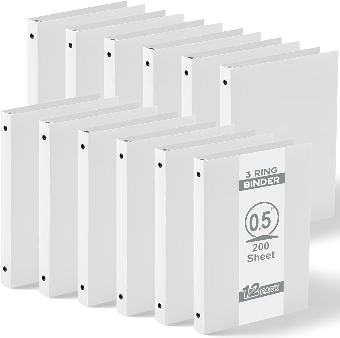 Henoyso 12 Pcs 0.5 Inch Mini 3 Ring Binders Fits 5.5" x 8.5" Paper, Holds(Capacity 140 Sheets), Plastic Flexible Three Round Rings Small White A5 Binders Bulk for School, Office Use, Photo Album