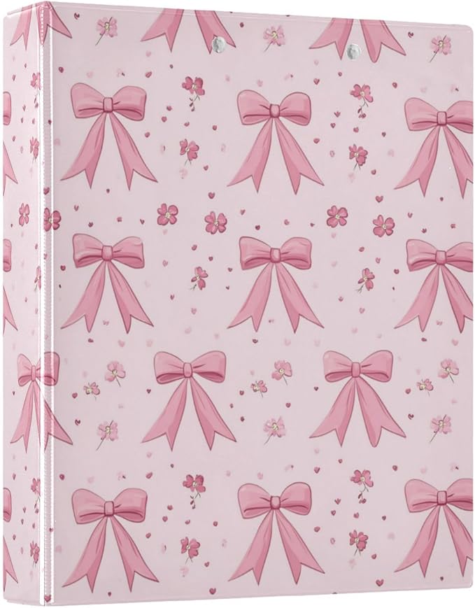 Ribbon Bows Flowers Pink 3 Ring Binder, 1.5 Inch Round Ring Binders Clipboard Work Binders Organizer with Pockets Holds 200 Sheets for School Office 1 Pack