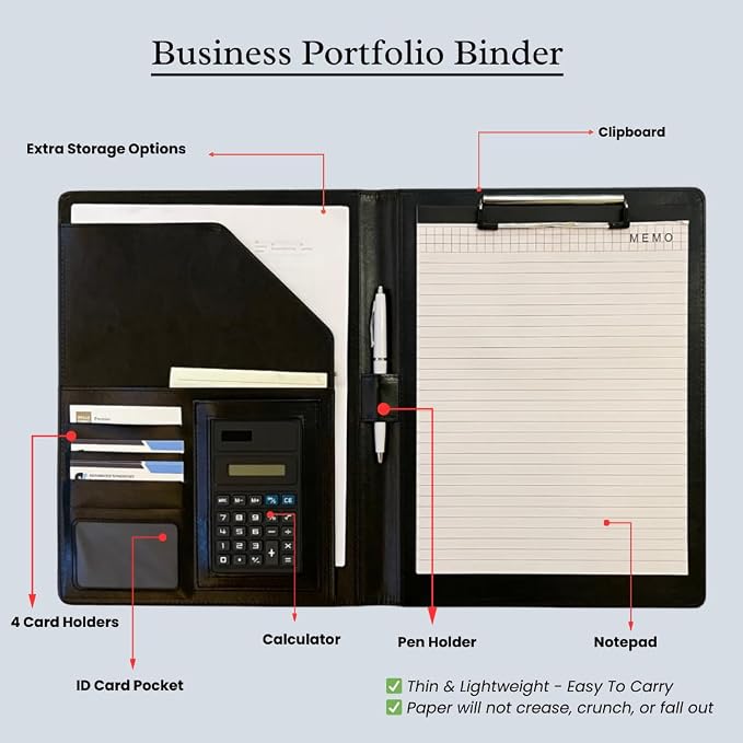 Leather Portfolio Binder for Business use, Document Organizer with Smart Storage, Calculator, Writing pad, – padfolio All in one, Professional Binder Portfolio for Women and Men