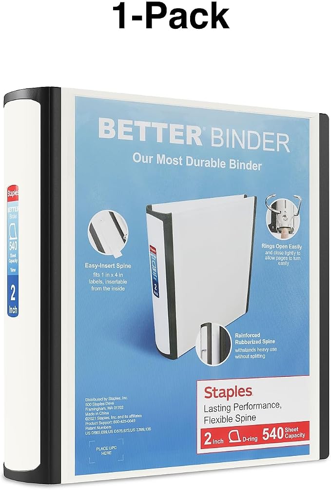 Staples Better Binder, 2-Inch 3-Ring, White, Locking Rings, 2-Pack | Wide spine view binder with durable construction for office organization.