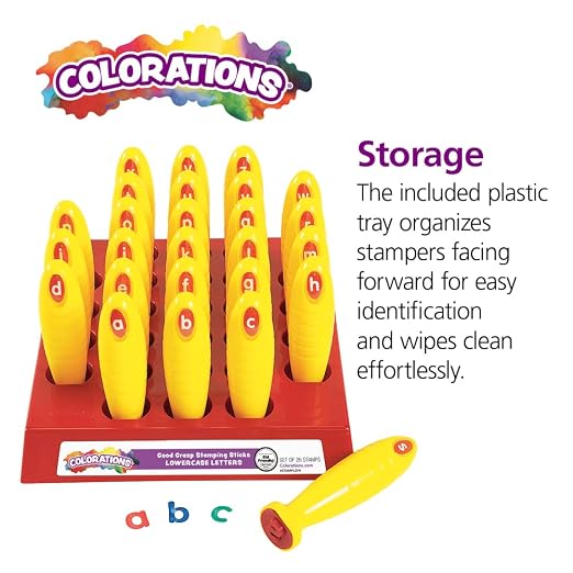 Colorations Lowercase Letter Stampers, Easy to Hold & Grasp, Ages 3+, PreK+ | Set of 26, Letter Stampers for Kids, Learn the Alphabet, Letter Recognition, Decorating & Card Making, ABC Stampers for Kids