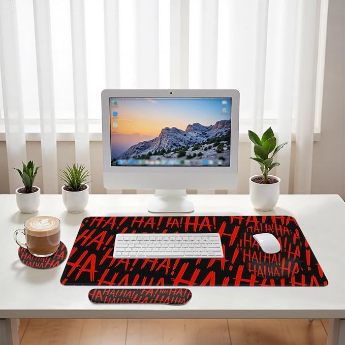 Red Graffiti Mouse Pad Set HaHa Cool Gaming Mousepad 4in1 Desk Mat for Desktop Wrist Support Cup Coaster Set Ergonomic Computer Desk Arm Wrist for Decor Home Office