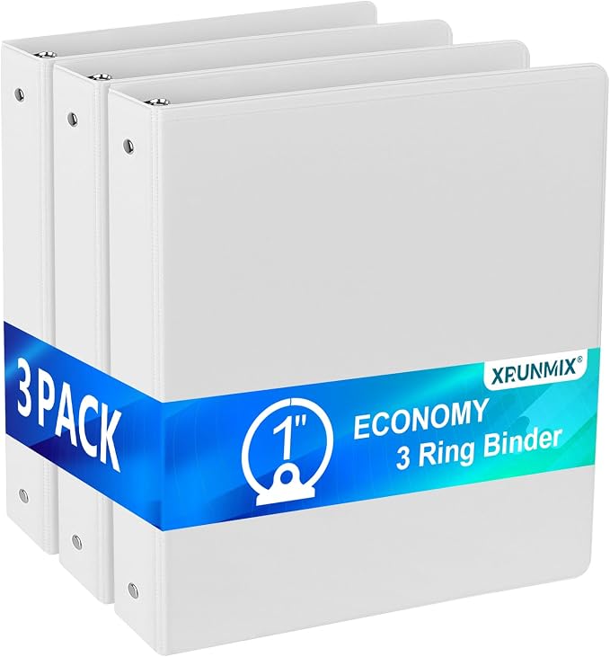Bulk 3 Packs 1'' Economy 3-Ring Binders, 1 Inch Round Rings, US Letter Size 8.5'' x 11'', 200 Sheets Capacity, ClearVue Presentation View, Non-Stick, White (3)