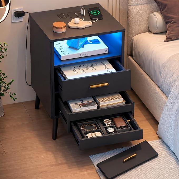 Black Bedroom Nightstand with Charging Station and LED Lights, Modern Bedside Table with Hidded Drawer, Smart Night Stand with Open Storage Shelf, USB Port, Metal Legs