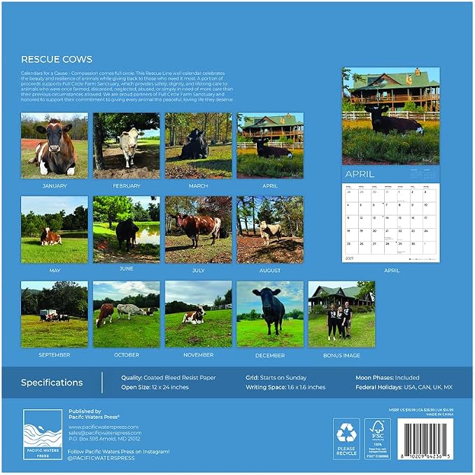 Rescue Cows 2027 Wall Calendar, 12 x 24 Hanging Pacific Waters Press