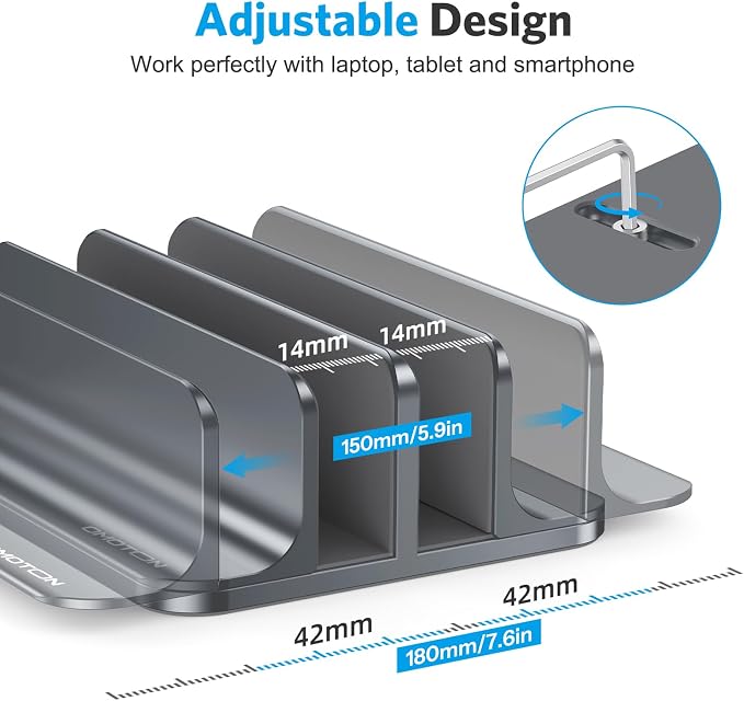 OMOTON Dual Vertical Desk Laptop Stand Holder, Fits MacBook Air/Pro, Grey | Aluminum Laptop Storage Rack for Desk, Adjustable Dock for Up to 17.3 in. Gaming Laptop, Space-Saving Desk Organizer