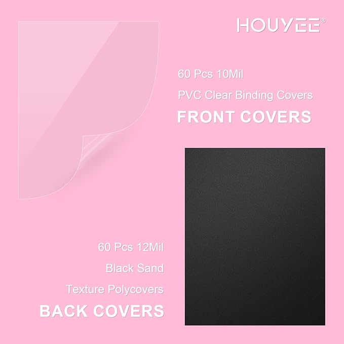 HOUYEE 120Pack Binding Covers and Backs Set, 8.5x11" 10Mil PVC & 12Mil Poly | 60 Pcs 10Mil Clear Binding Covers, 60 Pcs 12Mil Black Plastic Sand Texture Polycovers, Letter Size, For Office School