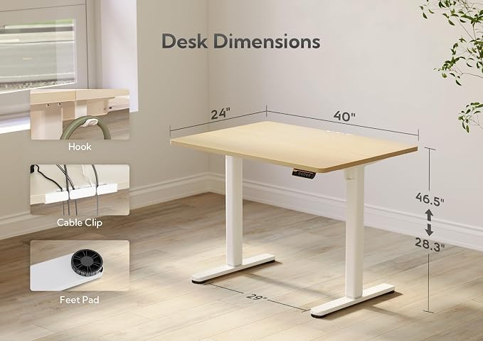 Claiks Electric Height Adjustable Standing Desk, 40x24 Inch, Nature | Smooth Height Adjustment, 3 Memory Presets, Cable Management Hub&Hook, Stable Steel Frame, 176lbs Capacity, Easy Assembly