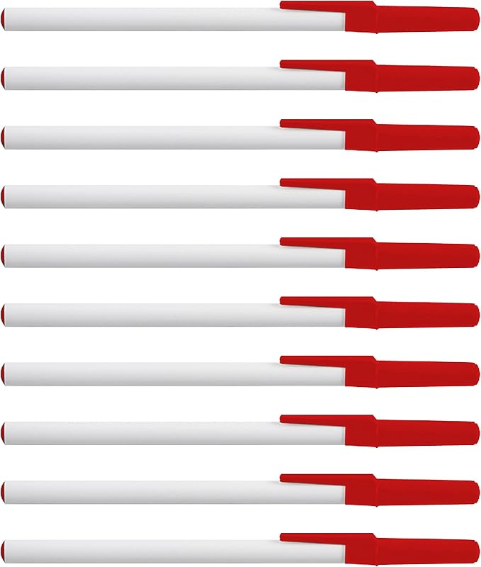 DISCOUNT PROMOS Value Stick Pens Set of 10, Bulk Pack - Blue Ink, Great for Office, School, Business, Tradeshows, Events - Red Cap