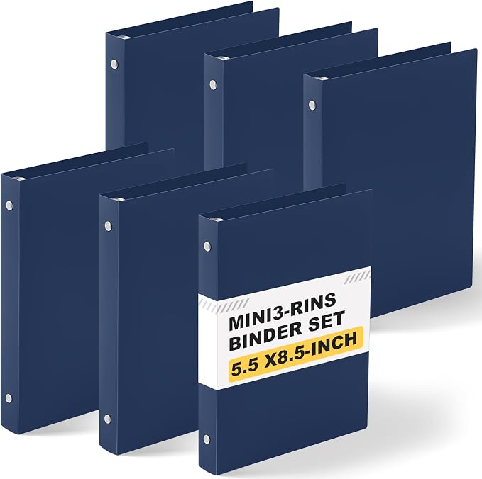 Henoyso 1 Inch 6 Pack Mini 3 Ring Binders for 5.5"x8.5" Paper,Dark Blue | Holds 200 Sheets, Plastic Small Binders, Round Three Rings, Flexible PP Covers, School Office, Photo Album Planner Journal