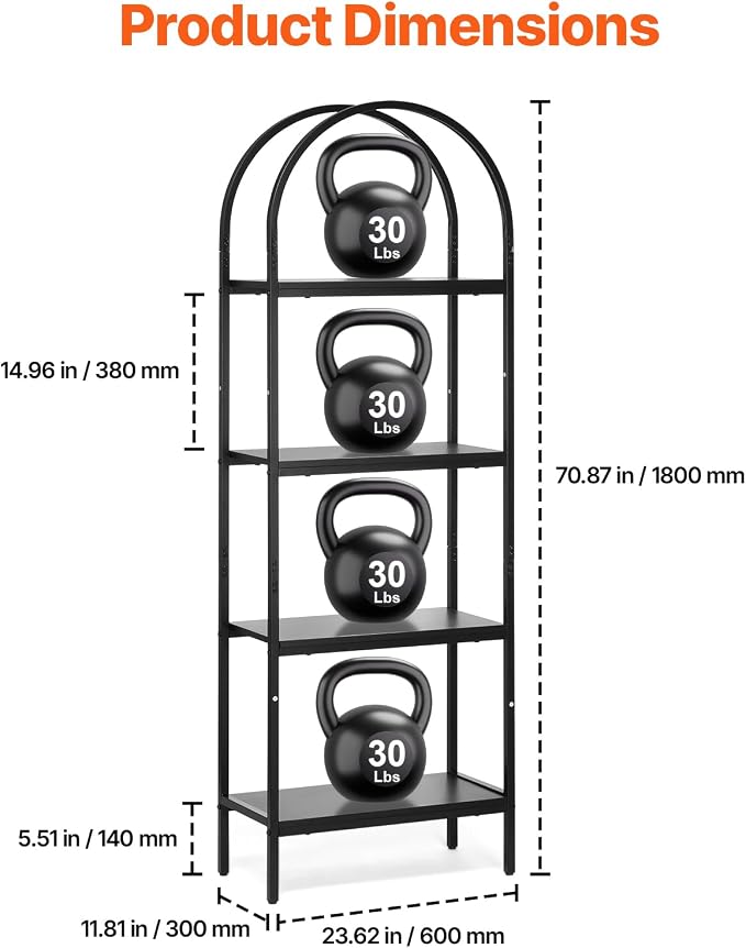 VEVOR Metal Bookshelf, 4-Tier Arched Industrial Bookshelf, Small Rustic Vintage Storage Bookcase with Open Shelves, Freestanding Display Shelving Unit Storage Rack, for Living Room, Bedroom & Office