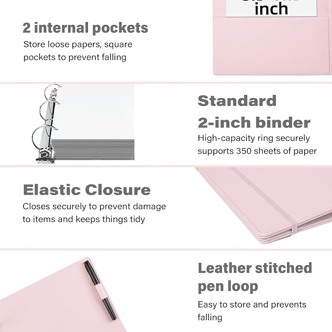 Vintage Hardcover 1.5 inch Ring Leather Binder, 2 inch Spine, Professional Organizer, Letter Size Dividers with Tabs, Faux Rose Pink Leather