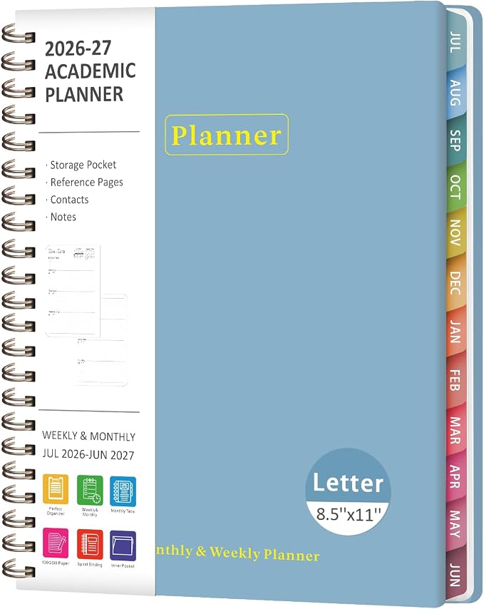 Planner 2026-2027, Academic Weekly and Monthly Calendar Planner, July 2026 - June 2027, Hardcover Spiral Agenda Book, School Supplies for Teacher Student - Letter Size(8.5" x 11")