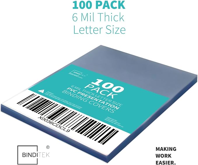 Binditek 6 Mil PVC Binding Covers, 8.5 x 11 Inches, Clear, 100 Pack | Plastic Binding Covers, 8.5" x 11" Letter Size, Clear, Square Corners, Unpunched, Ideal for Business Reports and Proposals