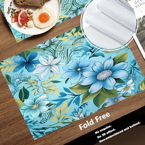 Batmerry Floral Light Blue Placemats, Blue Green Floral Washable Linen Table Mats for Kitchen Table Double Insulation Decor Dining Set Indoor Outdoor 12X18 in Set of 4