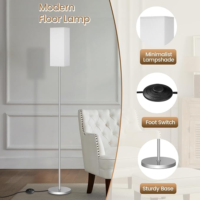 2Pack Floor Lamp, Pole with Foot Switch, Modern Standing Lamp Lamp, Minimalist Freestanding Lamp (Bulb Not Included), for Living Room, Bedroom Office ETL Listed, Silver and White,SCW07LDP205
