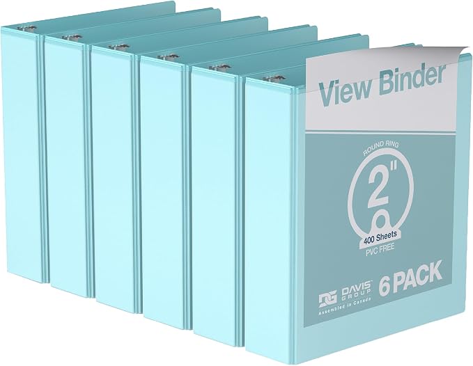Pack of 6 Premium View Binders, Ring Binders with Clear-View Cover and Interior Pockets, Pastel Color Options, 2 Inch, Aqua
