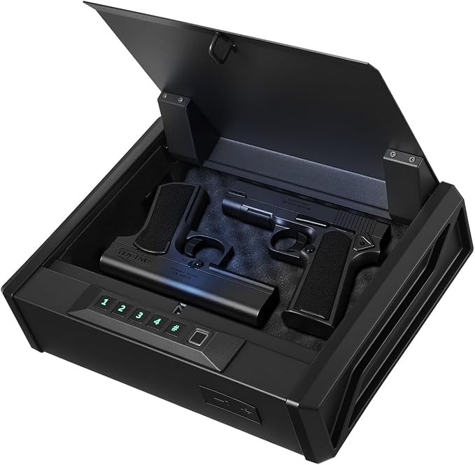 VEVOR Gun Safe, Heavy Duty Handgun Safe with Fingerprint/Password/Key, 3-Way Quick Access Firearm Case Box with Lighting for 2 Pistols & 2 Magazines, Pistol Gun Box for Nightstand Bedside Desk Car