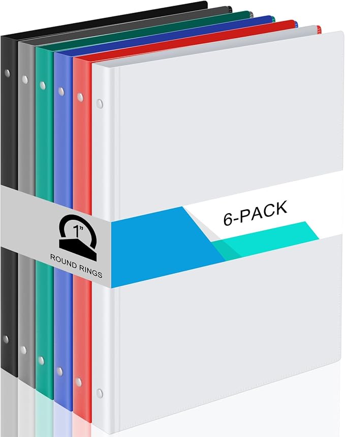 Fulmoon 6 Pack 1 Inch Plastic 3 Ring Binders with Pockets, Classic Colors | Flexible Covers with Round Rings and Front Pockets for Organizing Papers at School, Office, Meetings and Presentations