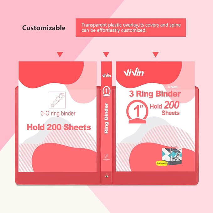 ViVin 1 Inch Round Ring View Binder for Durability, 6-Pack (Red) | Standard 3 Ring Binder for 200 Sheets of US Letter Size Paper, PVC-Free, Clear View Cover, Office Home School Use