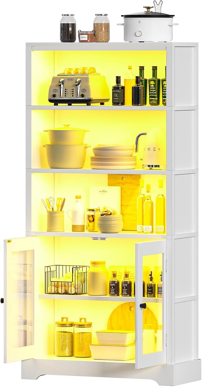 TVU 5-Tier Bookshelf, 65" Bookshelf with Multi-Color Ambient Lights (APP Remote Control), Tall Vertical Display Shelf with Cabinet Doors, Suitable for Living Room, Bedroom, Study, Office, White