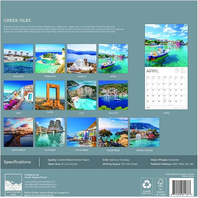 Greek Isles 2027 Wall Calendar, 12 x 24 Hanging Pacific Waters Press
