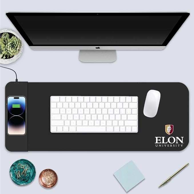 Elon University Classic Wireless Charging Cloth Desk Mat, Durable Office Supplies, Non-Slip Base, Quick Charging Wireless Desk Pad, Black