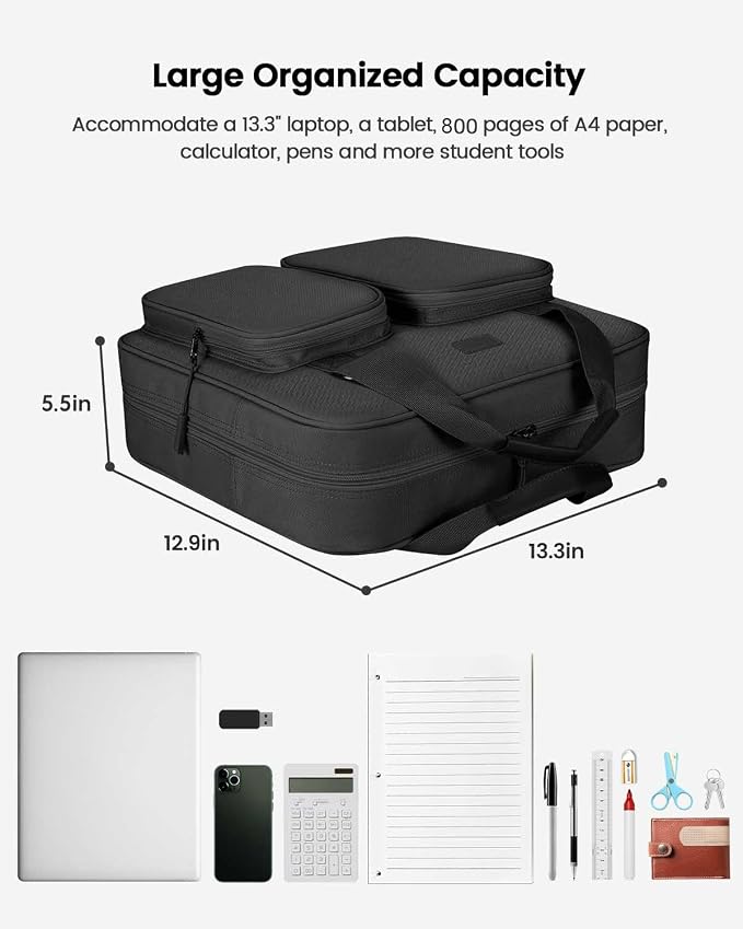 4 Inch Zipper Binder 3 Ring with Shoulder Strap,Tough/Multi-Pocket | Binder Bag with Laptop organizer for School Travel,Fit 13" MacBook & Tablet,800 Sheets Capacity,Water Resistant,Black