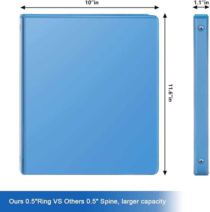 COMIX Sturdy 0.5 Inch 3 Ring Binder with Clear View Cover | 0.5"Heavy Duty Round Ring,PVC-Free Board,Holds 100 Letter Sheets,Wholesale for Offices & Classrooms,6 Pack (Light Blue)