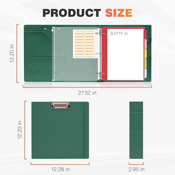 Eyrozill Professional Leather Portfolio with Clipboard, Zipper Pouch, 5 Sheets Plastic Dividers，Leather 3 Ring Binder 8.5 x 11, 2-inch Round Rings, Green