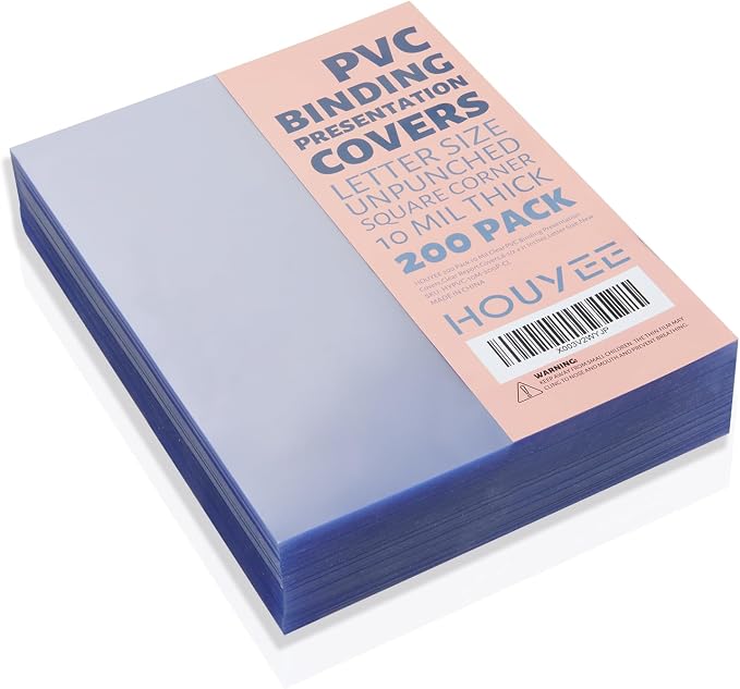 HOUYEE 200 Pack 10 Mil Clear Binding Presentation Covers,PVC,8.5" x 11" | Clear Covers for Binding, Transparent Plastic Binding Covers, Square Corner, Letter Size, for School Office