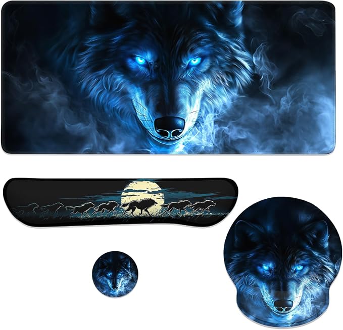 Blue Wolf Mouse Pad Set Glowing Eyes Fantasy Animal Smoke Art Gaming Mousepad 4in1 Desk Mat for Desktop Wrist Support Cup Coaster Set Ergonomic Computer Desk Arm Wrist for Decor Home Office