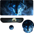 Blue Wolf Mouse Pad Set Glowing Eyes Fantasy Animal Smoke Art Gaming Mousepad 4in1 Desk Mat for Desktop Wrist Support Cup Coaster Set Ergonomic Computer Desk Arm Wrist for Decor Home Office