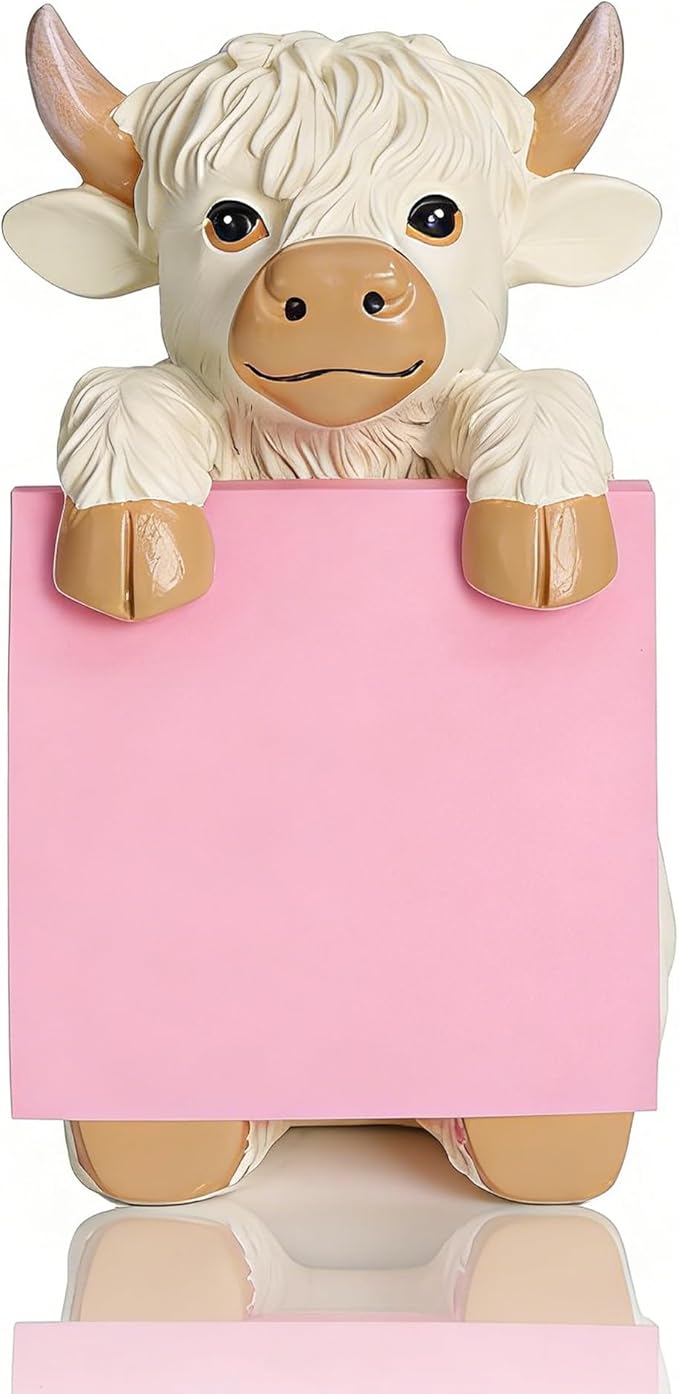 Highland Cow Pop-Up Sticky Note Dispenser for 3 x 3 in Notes, Beige | Includes 100 sheets, handmade resin desk decor for office, home or classroom, gift for teachers, coworkers and cow lovers