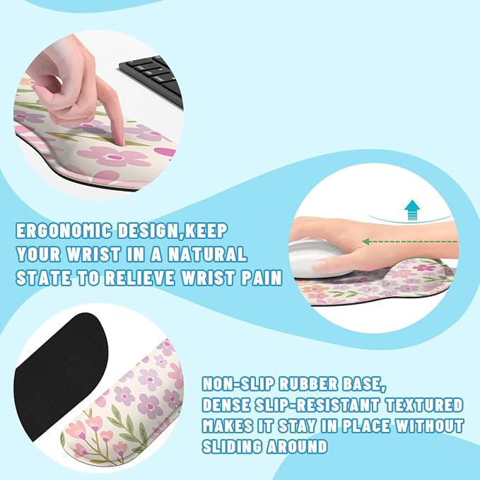 Flowers Mouse Pad Set Pastel Pink Purple Spring Gaming Mousepad 4in1 Desk Mat for Desktop Anti-Slip XXL Big Computer Ergonomic Mousepad with Wrist Support for Keyboard and Mouse