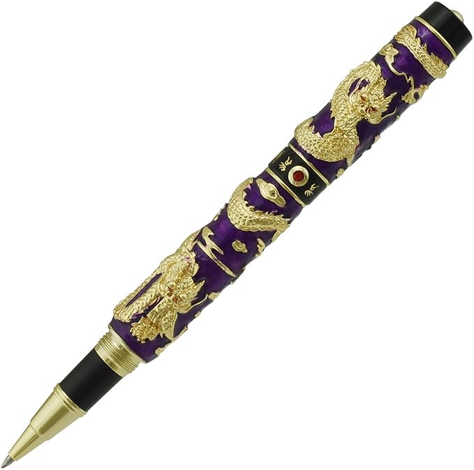 Jinhao Double Dragon Rollerball Pen Purple Cloisonne Enamel Handcraft for Signature and Collection