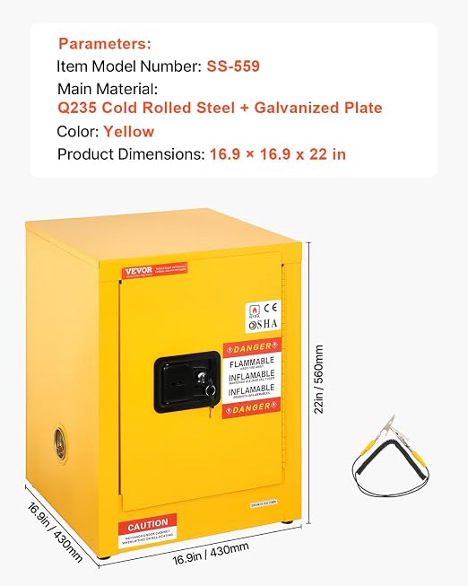 VEVOR Flammable Cabinet 17" x 17" x 22", 12 GalCold-Rolled Steel Flammable Liquid Storage Cabinet, Explosion Proof with 1 Adjustable Shelf 1 Door for Commercial Industrial Use, Yellow