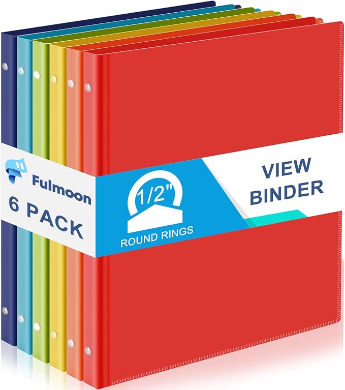 Fulmoon 6 Pack 0.5 Inch Plastic 3 Ring Binders with Pockets, Rainbow Colors | Flexible Covers with Round Rings and Front Pockets for Organizing Papers at School, Office, Meetings and Presentations