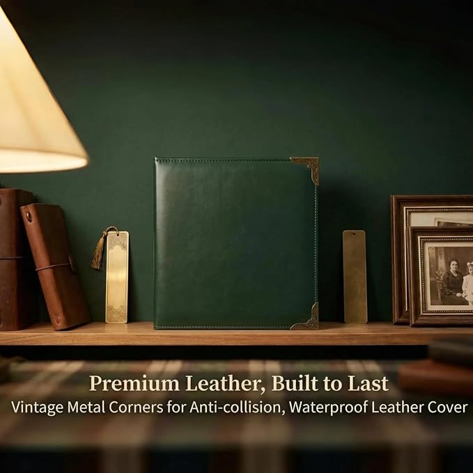 Vintage Hardback Leather 3 Ring Binder, 1.3 Inch D Ring, Three Ring Binders Fits 8.5" x 11", Corner Protectors, PU Leather Cover, for Photo Album, Home, Professional Office & School Supplies, Green